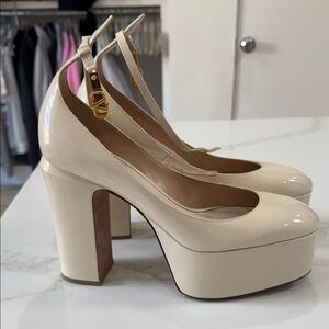 Valentino Cream Patent Platform Slingback Pumps with Gold Buckle